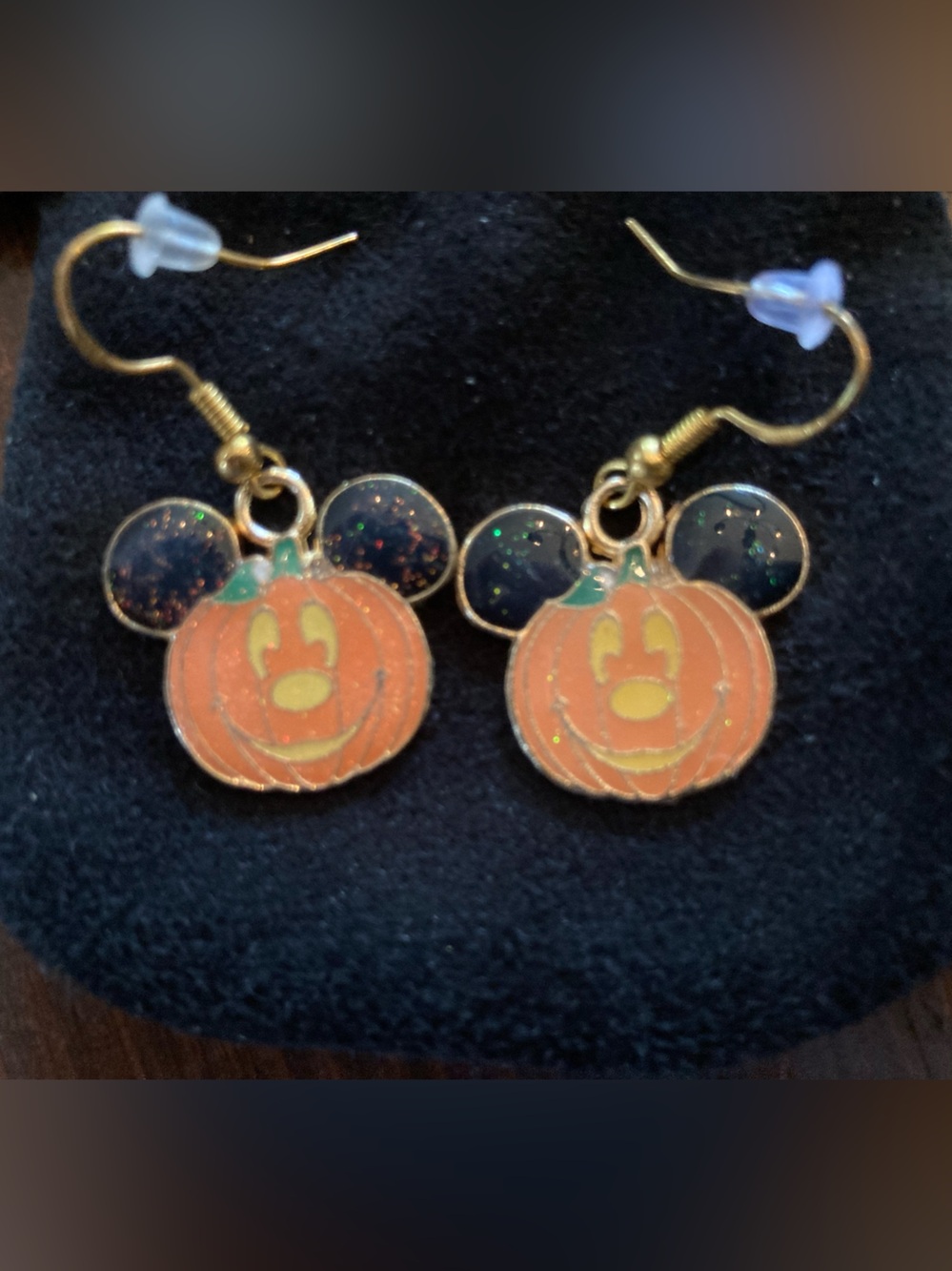 Halloween Pumpkin Drop Earrings with Black Glitter Mickey Ears - Orange